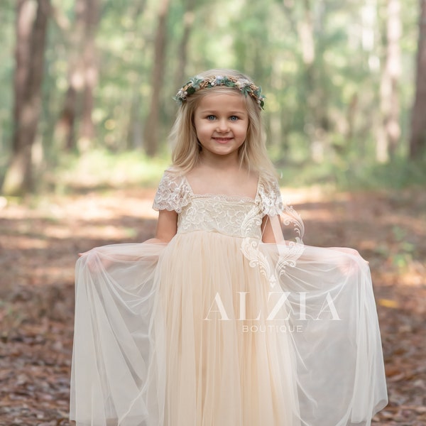 Floral High Low Flowergirl Dress - Champagne