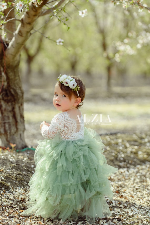 Sage Green Flower Girl Lace Dress With ...