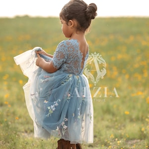 Blue Grey Flower Girl Dress, Party Dress for Girls, Floral Embroidered Tulle Flower Girl Dress