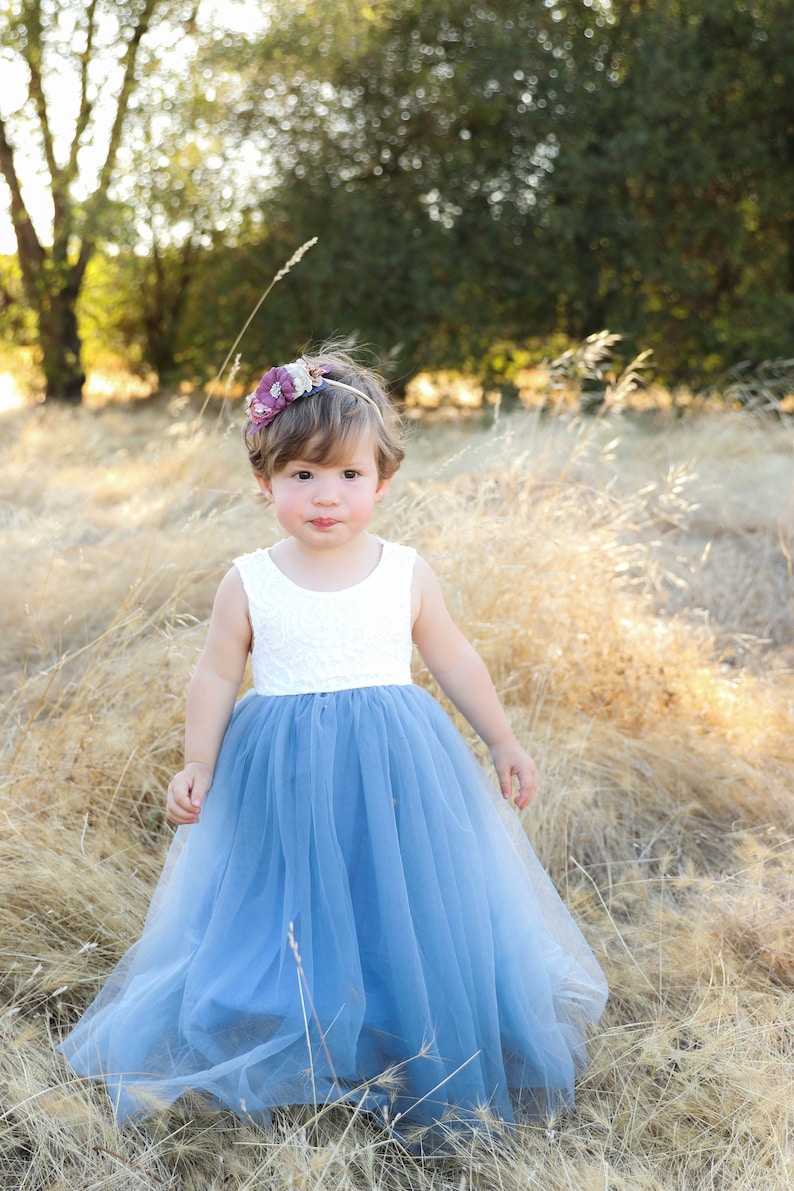 Full Length Sleeveless Dusty Blue Tulle Lace Top Scalloped Edges Back Party Flower Girl Dress