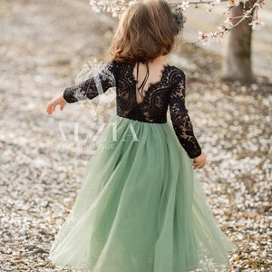 Sage Green Flower Girl Lace Dress With Tulle Bottom