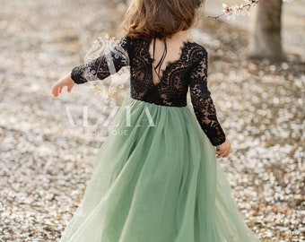 Sage Green Flower Girl Lace Dress With Tulle Bottom