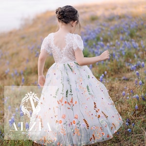 wildflower bridal shower dress Beautiful Wildflower Appliqué Wedding Dress with Deep V Neck main image 0