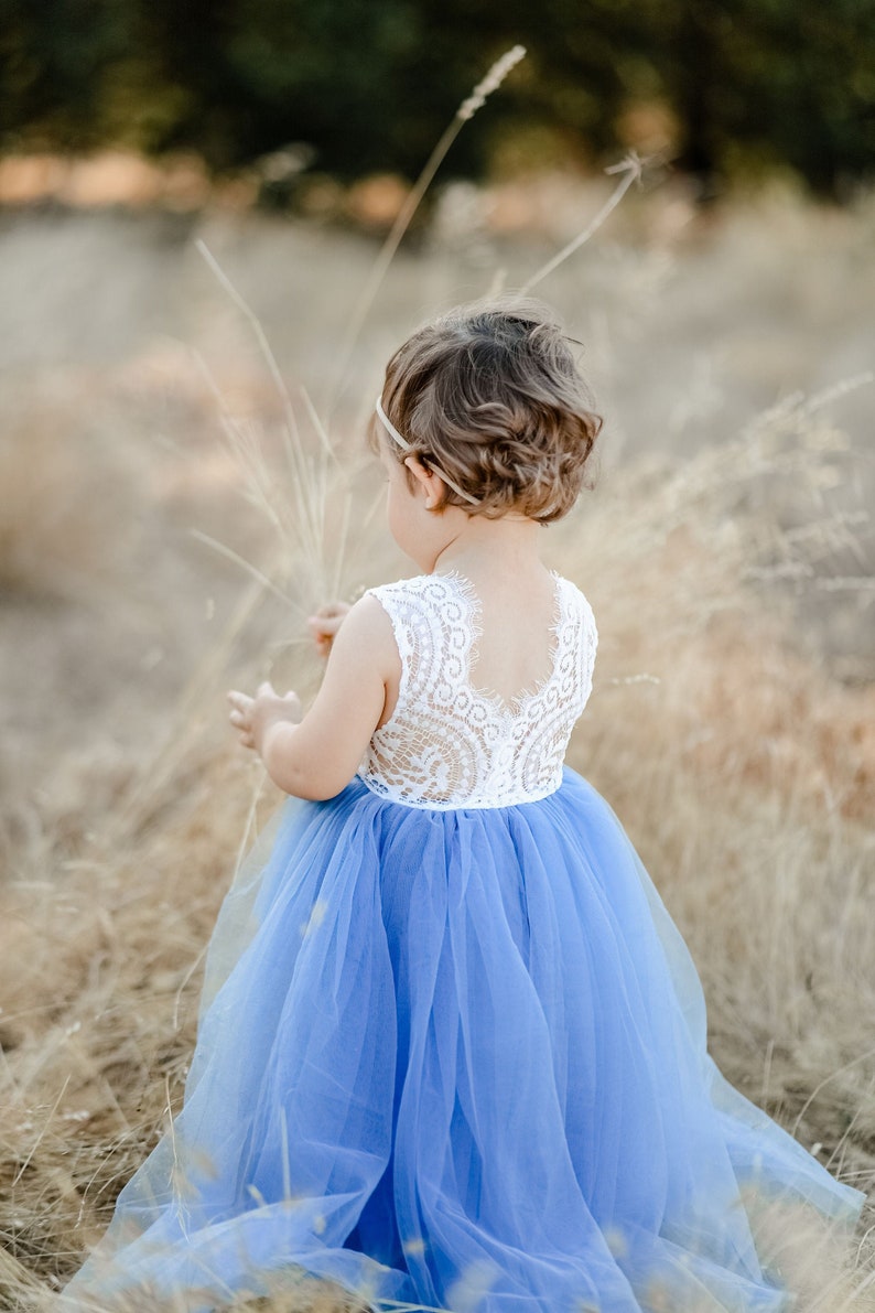 Full Length Sleeveless Dusty Blue Tulle Lace Top Scalloped Edges Back Party Flower Girl Dress