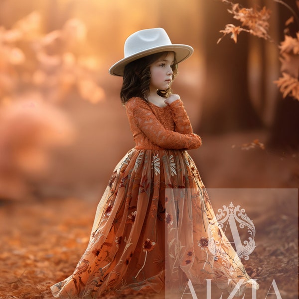 Burnt Orange Floral Embroidered Tulle Flower Girl Dress, Fall Girls Dress, Autumn Flower Girl Dress, Winter Floral Dress for Girls