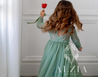 Sage Green Lace Flower Girl Dress