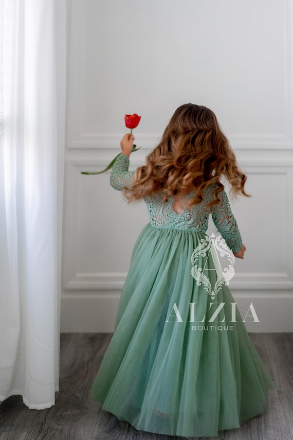 Sage Green Lace Flower Girl Dress: Tulle Skirt, V-back - Etsy Israel