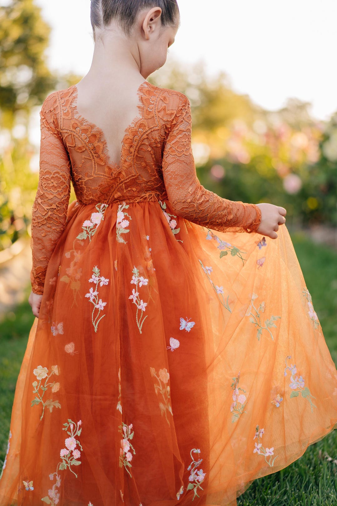 orange dress with purple flowers Burnt Orange Flower Girl Dress | Wildflower Embroidered Tulle | Fall