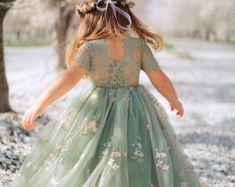 Sage Green Flower Girl Dress – Embroidered Tulle Lace Gown