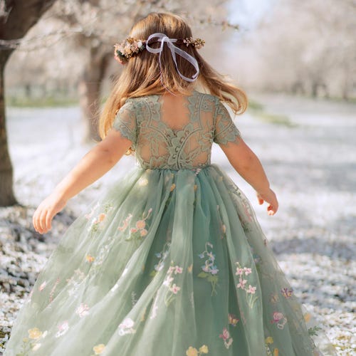 Sage Green Flower Girl Dress - Embroidered Tulle Lace Gown