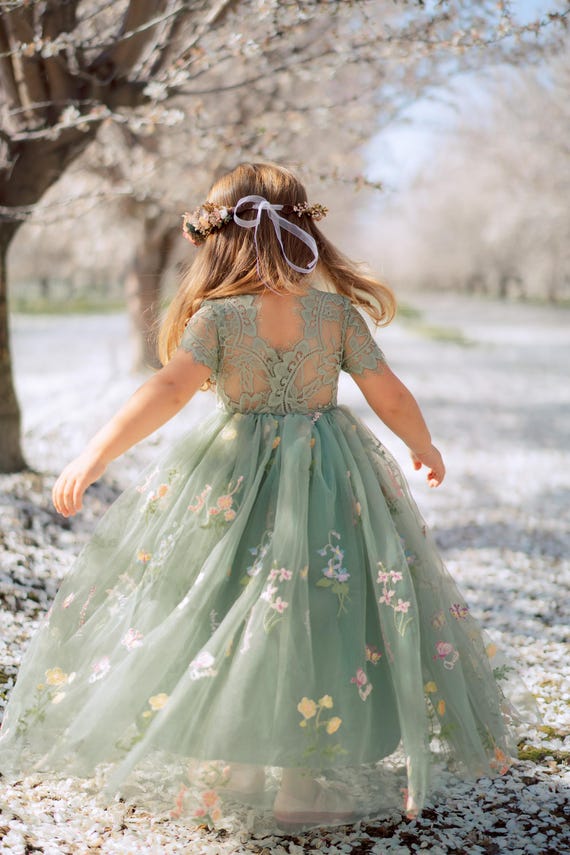 Sage Green Flower Girl Dress - Embroidered Tulle Lace Gown Sage Green Flower Girl Dress - Embroidered Tulle Lace Gown