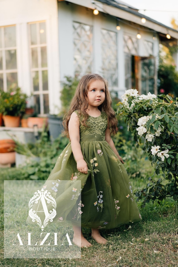 green emerald velvet dress Hand-Embroidered Olive Green Linen Dress for Women, Black / Custom main image 1