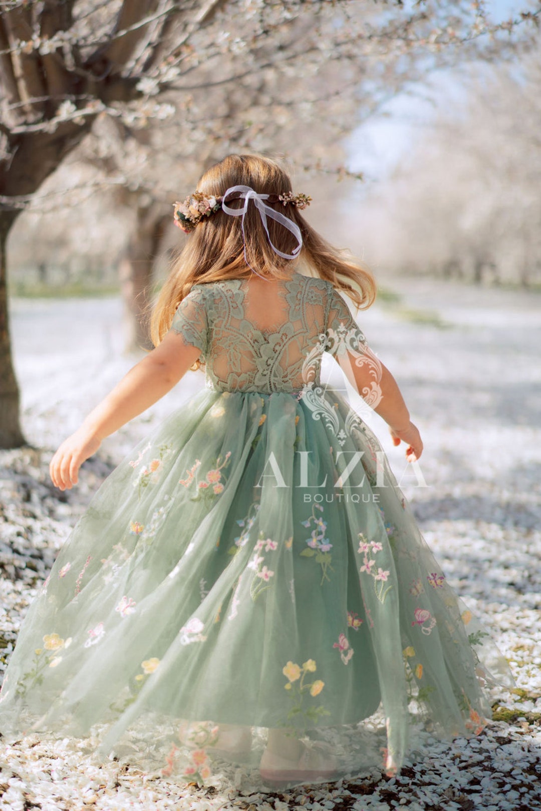 Sage Green Floral Embroidered Tulle Flower Girl Dress, Easter