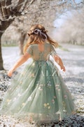 Sage Green Embroidered Tulle Flower Girl Dress – Lace V-Back Gown with Floral Script – Boho Wedding Dress for Girls