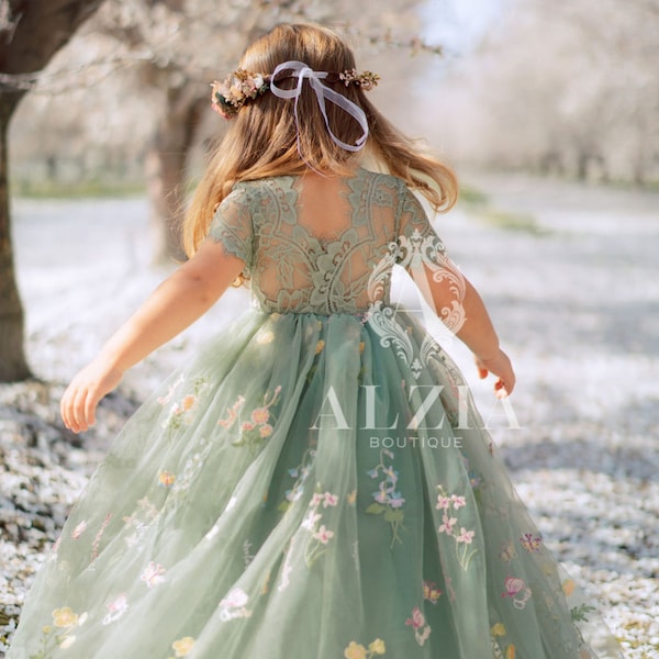 Sage Green Flower Girl Dress – Embroidered Tulle Lace Gown