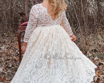 Lace  Flower Girl Dress, White Flower Girl Dress, Boho Flower Girl, Ivory Flower Girl Dress