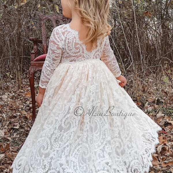 Lace  Flower Girl Dress, White Flower Girl Dress, Boho Flower Girl, Ivory Flower Girl Dress