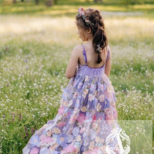 Purple 3D Floral Flower Girl Dress – Boho Handmade Girls Dress – Wedding Outfit – Birthday Party Gown