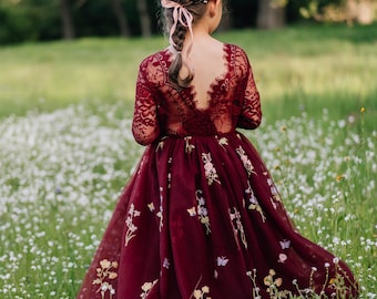 Wine Flower Girl Dress | Wildflower Embroidered Tulle | Boho