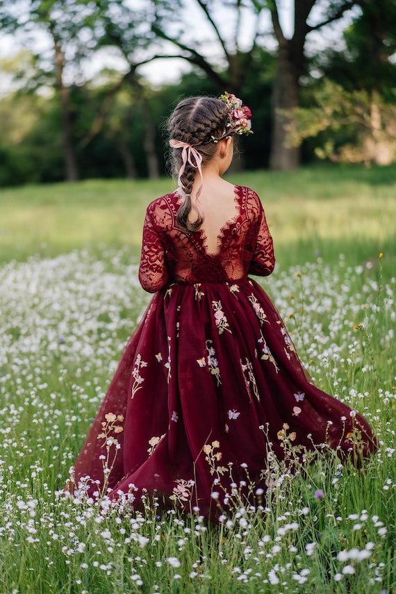 dress with burgundy flowers Wine Flower Girl Dress, Wildflower Embroidered Tulle Lace Toddler Gown, Boho Rustic Fall Autumn Wedding flower outfits