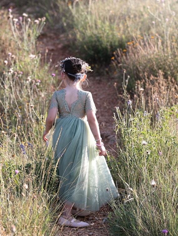 Sage Green Flower Girl Tulle Dress - Scallop V Back Sage Green Flower Girl Tulle Dress - Scallop V Back