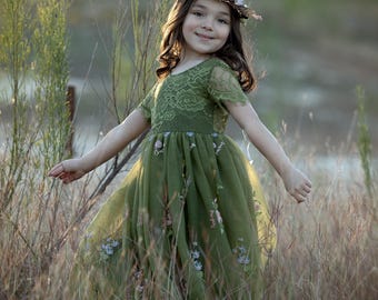 Olive Green Flower Girl Dress | Wildflower Embroidered Tulle | Boho