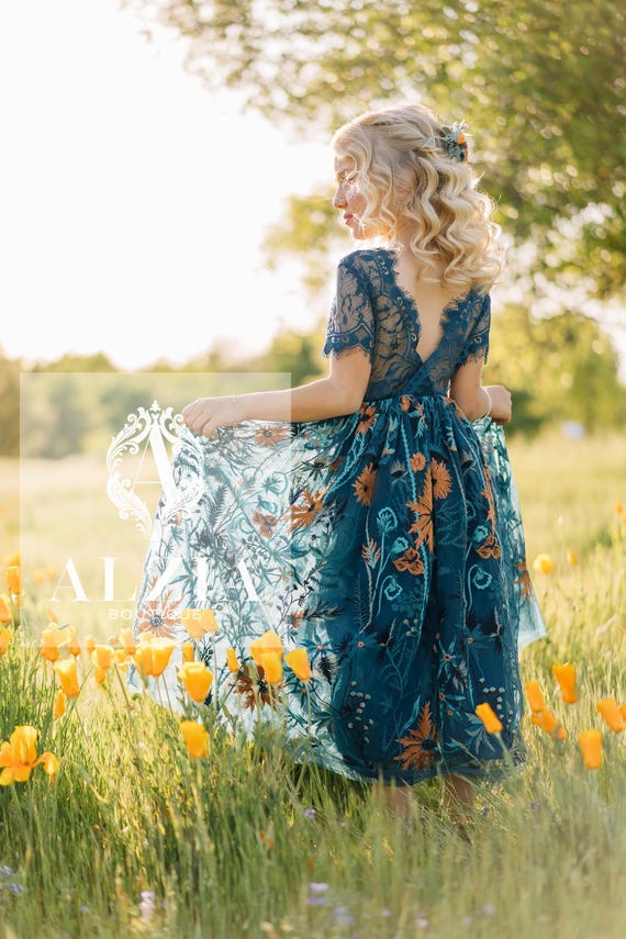 Teal Flower Girl Dress - Boho Lace Dress with Flutter Sleeves & Embroidered Tulle