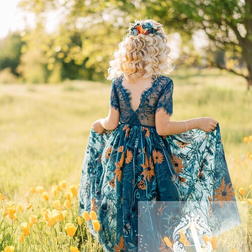 Teal Floral Lace Flower Girl Dress: Boho Wedding Tulle Dress - Sizes 1T-14
