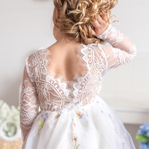 White Lace Knee Length Flower Girl Dress | Wildflower Embroidered Tulle