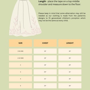 Pu&ograve; includere: Una tabella delle taglie per un abito in tulle ricamato a fiori su sfondo verde chiaro. Include un diagramma di un abito senza maniche con ricami floreali rosa sull'orlo e una tabella con le misure di torace e lunghezza in pollici.