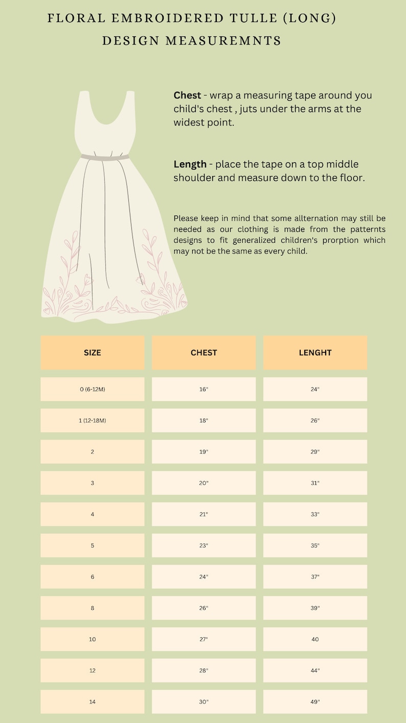 Pu&ograve; includere: Una tabella delle taglie per un abito in tulle ricamato a fiori su sfondo verde chiaro. Include un diagramma di un abito senza maniche con ricami floreali rosa sull'orlo e una tabella con le misure di torace e lunghezza in pollici.