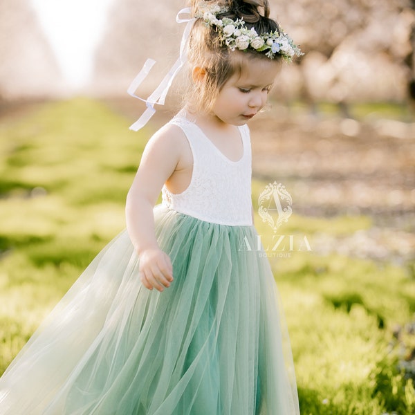 Sage Green Tulle Sleeveless Lace Top Scalloped Edges Back Party Flower Girl Dress