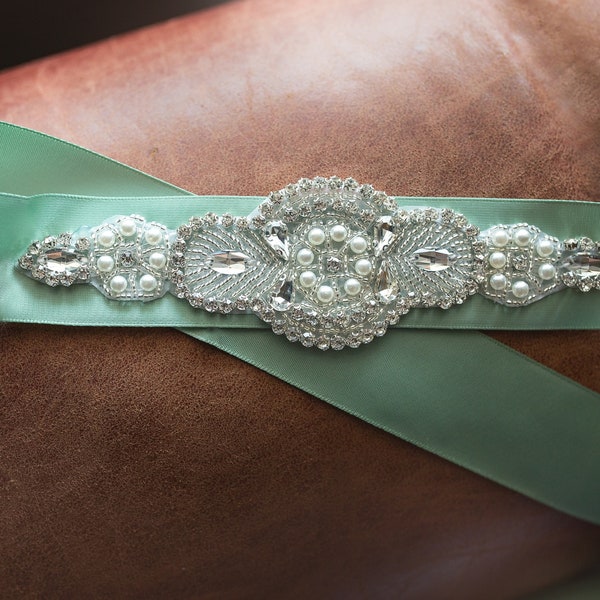 Rhinestone Flower Girl Sash, Satin Sash, Crystal Beaded Tie Back Sash for Flower Girl; Children's Flower Dress Sash