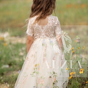 Flower Embroidery Tulle Dress For Flower Girl, Spring Dress For Girls, Champagne Flower Girl Dress, Boho Dress for Little Girls