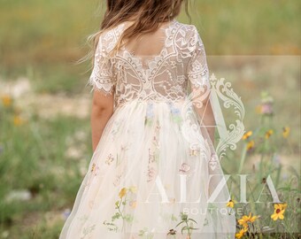 Flower Embroidery Tulle Dress For Flower Girl, Spring Dress For Girls, Champagne Flower Girl Dress, Boho Dress for Little Girls