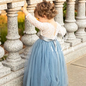 Dusty Blue Tulle Lace Top Scalloped Edges Back Party Flower Girl Dress