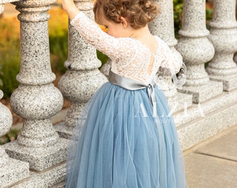 Dusty Blue Tulle Lace Top Scalloped Edges Back Party Flower Girl Dress