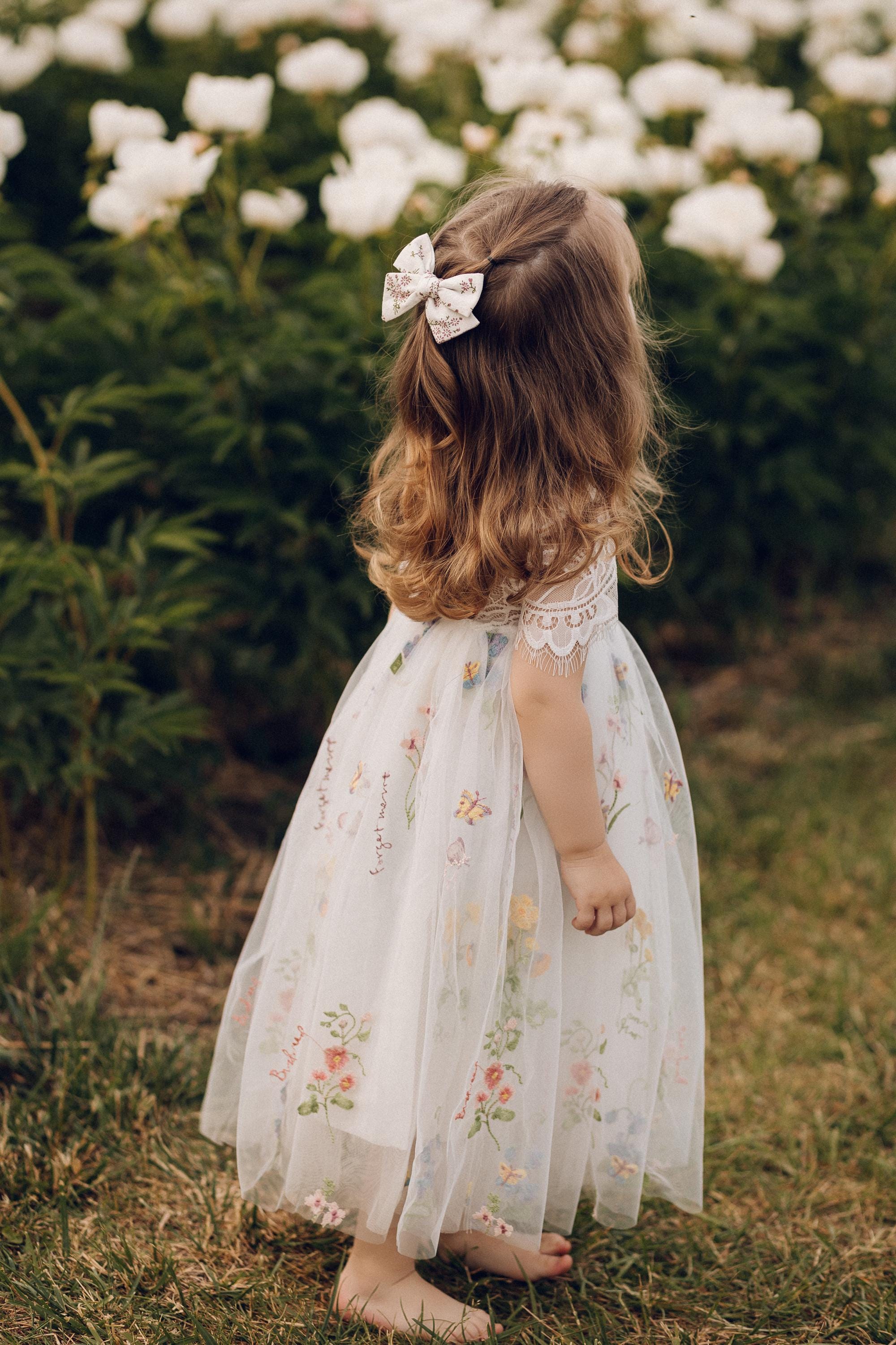 Horcute Embroidered Flower Girl Dress - Long Tailing, Wedding Party, Sizes 3T-10/12