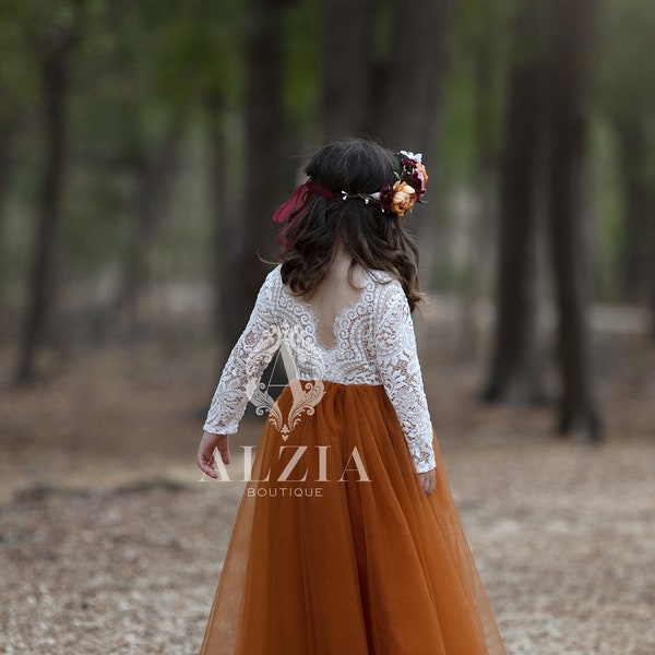 Burnt Orange Flower Girl Dress, Rust Flower Girl Dress, Autumn Flower Girl Dress, Fall Outfit