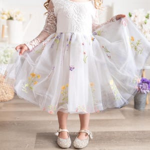 White Lace Knee Length Flower Girl Dress | Wildflower Embroidered Tulle