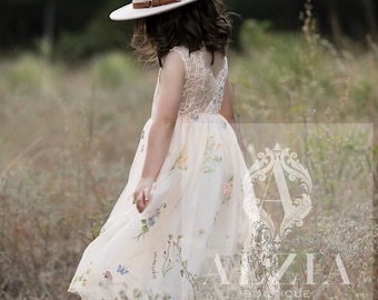 Robe de bouquetière en tulle brodé à fleurs, Robe de Pâques pour fillette, Robe de bouquetière de printemps, Robe d'été à fleurs pour fille