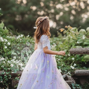 Purple Flower Girl Dress – Short Sleeve Embroidered Tulle Dress – Lace Bodice Dress for Girls, Toddler to Teen