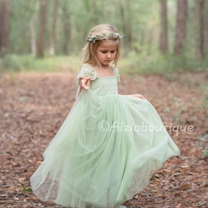 Jade Green Tulle Lace Flower Girl Dress, Boho Flower Girl, Rustic Flower Girl Dress,