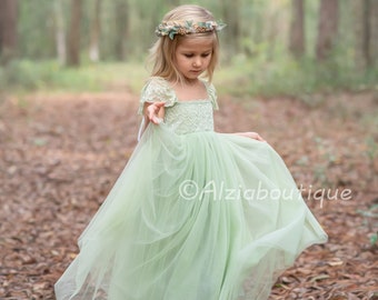 Hellgrün Pastell Jade Tüll Spitze Party Kleid, Blumenmädchen Kleid, Frühlingshochzeit