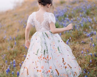 White Wildflower Girl Dress Long Sleeve | Boho Embroidered Tulle - Etsy White Wildflower Girl Dress Long Sleeve | Boho Embroidered Tulle - Etsy