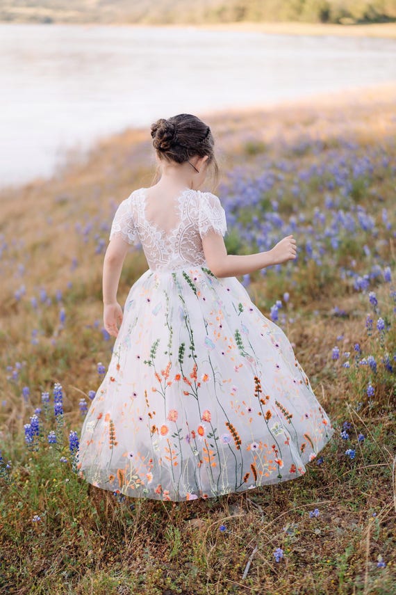 white formal dress with flowers Open-Back Blue Floral-Print Long White Lace Prom Dress Blue/Print / 6 main image 0