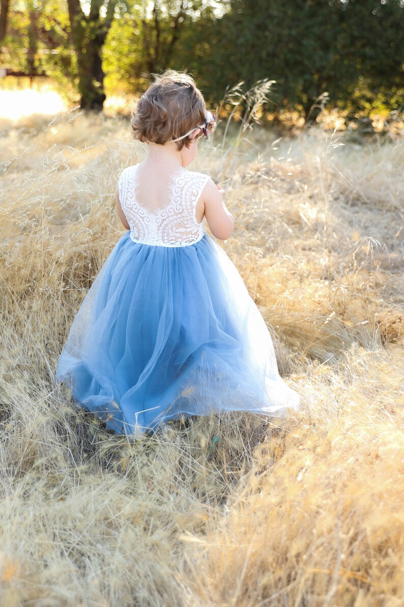 Full Length Sleeveless Dusty Blue Tulle Lace Top Scalloped Edges Back Party Flower Girl Dress