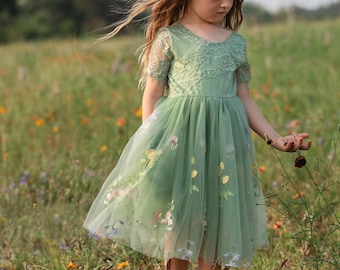 Knee Length Flower Girl Dress | Wildflower Embroidered Tulle | All Colors