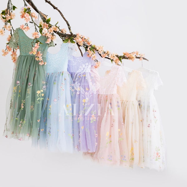 Robe de bouquetière en tulle brodé à fleurs, Robe de Pâques pour fillette, Robe de bouquetière de printemps, Robe d'été à fleurs pour fille