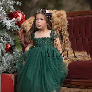 Emerald Green Christmas Dress, Flower Girl Dress,  Holiday dresses for toddler girls, baby first Christmas